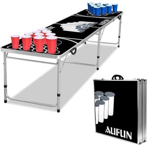 TABLE MULTI-JEUX LARS360 Beer Pong Table pliable à hauteur réglable avec 5 balles et 100 gobelets (50 rouges et 50 bleu) Jeu à boire classique Noir