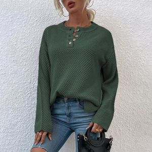 PULL Pull Femme Hiver Tricot Col rond avec boutons Manches longues Chaud - Vert