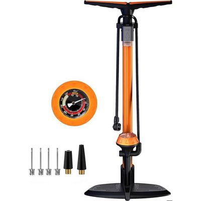 Pompe à Pied Pour Vélo Newton FPV1 - Acier Bleu, Manomètre 11 Bars, Raccord Double