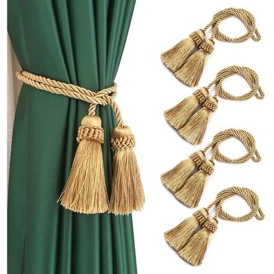 Embrasses De Rideaux à Pompons - Lot De 2 - Doré - Fait Main - Longueur 95 Cm
