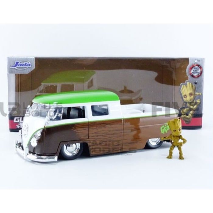 Voiture Miniature de Collection - JADA TOYS 1/24 - VOLKSWAGEN Bus Pick-up Groot Guardians of Galaxy - 1963 - Brown / White / Green
