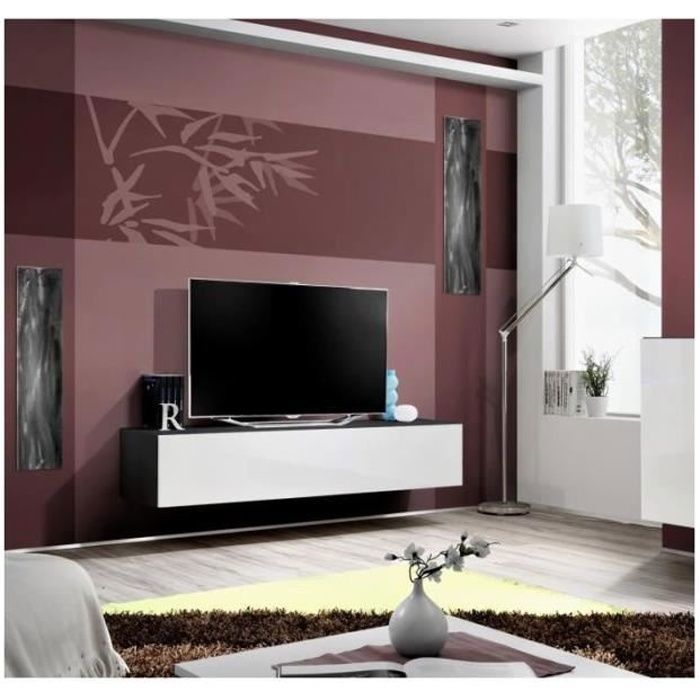 Meuble TV FLY design, coloris noir et blanc brillant. Meuble suspendu moderne et tendance pour votre salon.