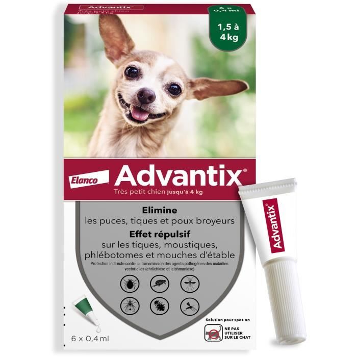 Advantix® Très Petit Chien – Anti-Puces et Anti-Tiques – 1,5-4KG – 6 Pipettes