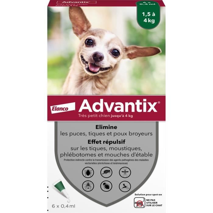 Advantix® Très Petit Chien – Anti-Puces et Anti-Tiques – 1,5-4KG – 6 Pipettes