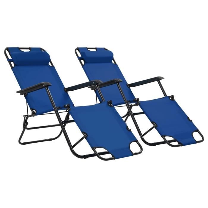 2 Chaises longues pliables-Transat Jardin pliant extérieur Camping avec repose-pied Acier Bleu