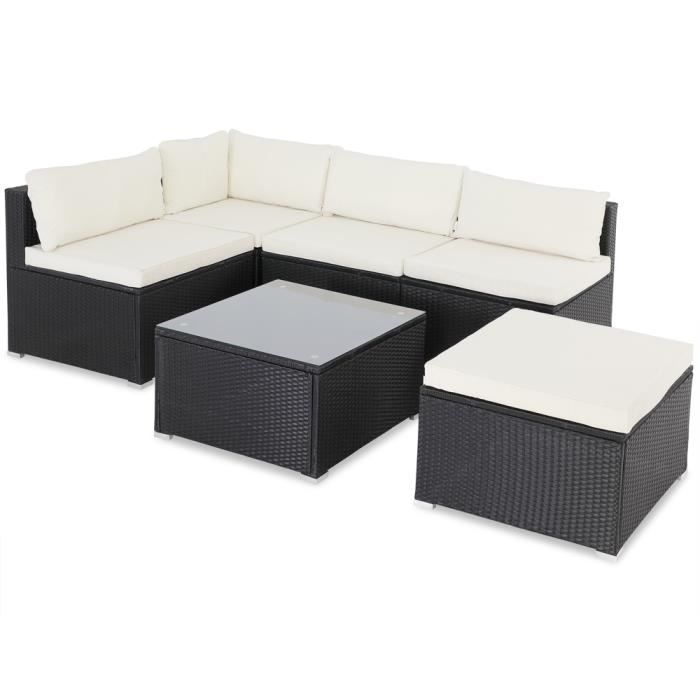 Salon de jardin noir polyrotin 16 pièces lounge ensemble de jardin set table canapé de jardin modulable coussins crème housses
