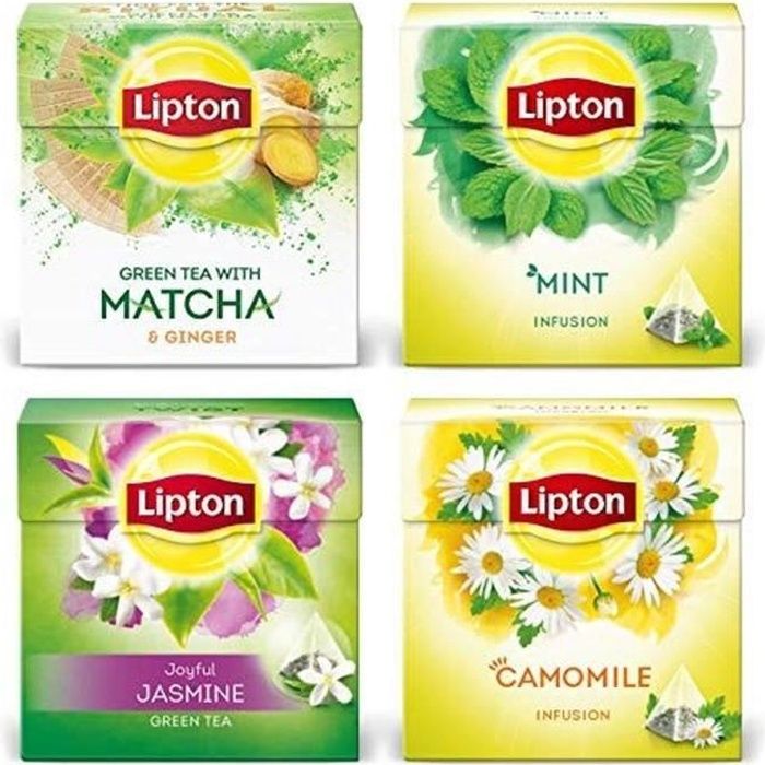 LIPTON Assortiment Thés et Infusion Jour & Nuit, Thé Vert Matcha & Gingembre, Jasmin, Infusions Menthe, Camomille (4x20 sachets)