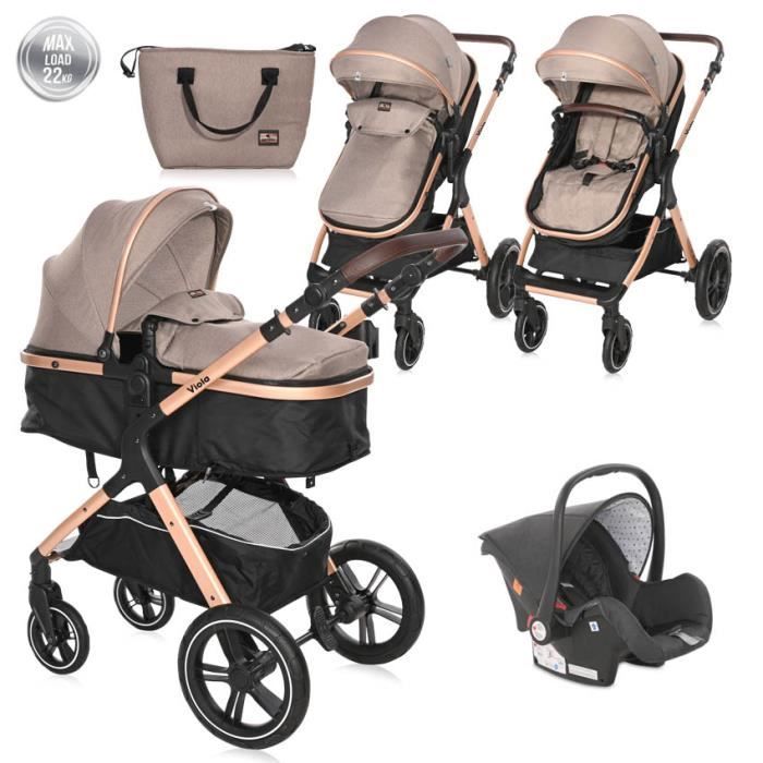 LORELLI - Poussette combinée trio 3 en 1 - siège auto 0m – nacelle – dès la naissance – jusqu’à 22kg – Heaven – beige/noir