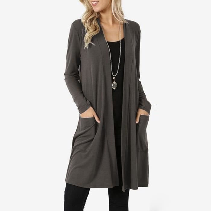 Tunique Femmes Casual Cardigan Solide Manches Longues Avant Ouvert Cardigan Poche Manteaux_style1 -gris -S