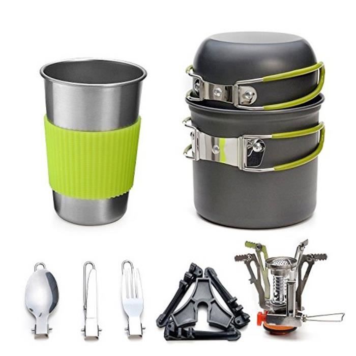 Camping Cuisinière Batterie de cuisine Kit Backpacking Cuisinière Ensemble avec Pan Pot fourchette cuillère pliable Portable