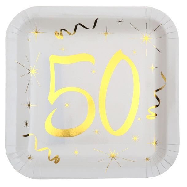 Décoration anniversaire 50 ans blanc et or en assiette carrée (x10) R/6156 Matière carton.