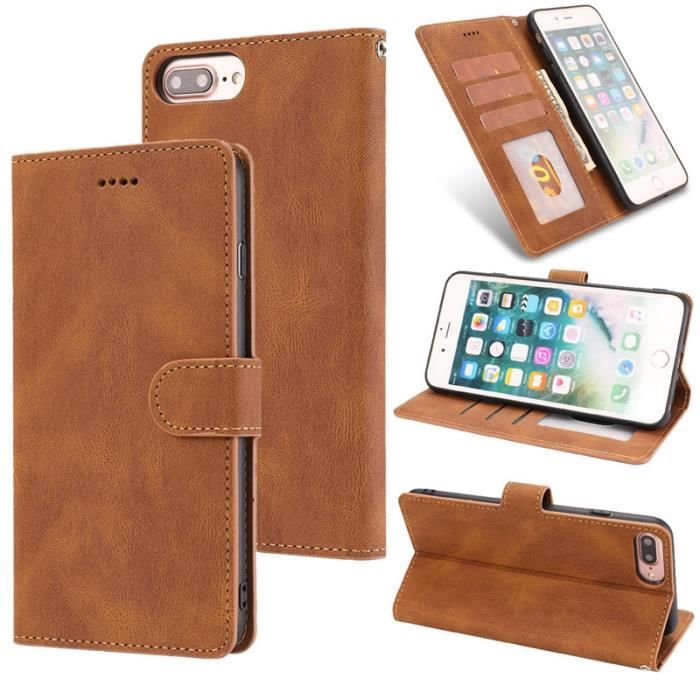 Étui iPhone 8 Plus, Portefeuille à Rabat Porte-Cartes en Cuir Housse Protection Simple Ultra-fin Support, Marron