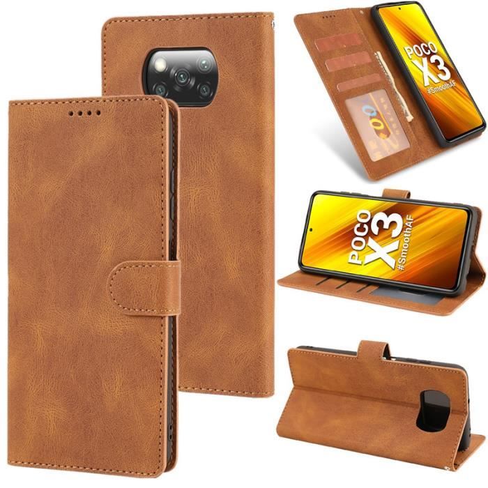 Étui Xiaomi POCO X3 Pro, Portefeuille à Rabat Porte-Cartes en Cuir Housse Protection Simple Ultra-fin Support, Marron