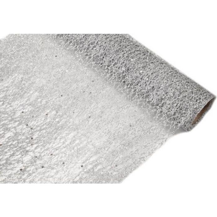 1 Rouleau chemin de table glitter (paillettes) argenté en tulle 28cm x5m R/TUN215