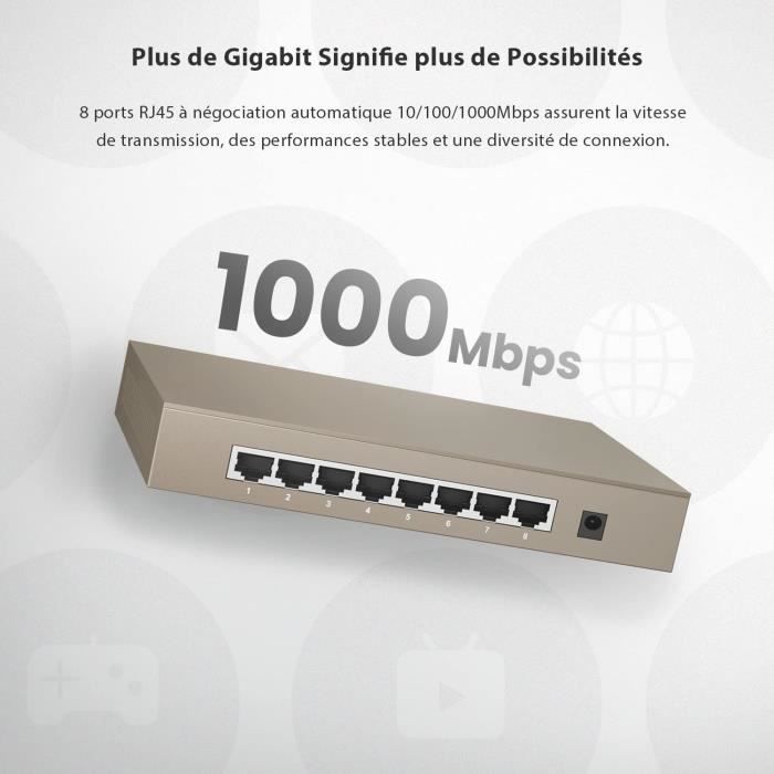 Switch Ethernet 8 Ports Gigabit, Switch RJ45 10/100/1000 Mbps,Tenda TEG1008D, 4KV Contre-Foudre, Plug & Play, Etend le Réseau Câblé