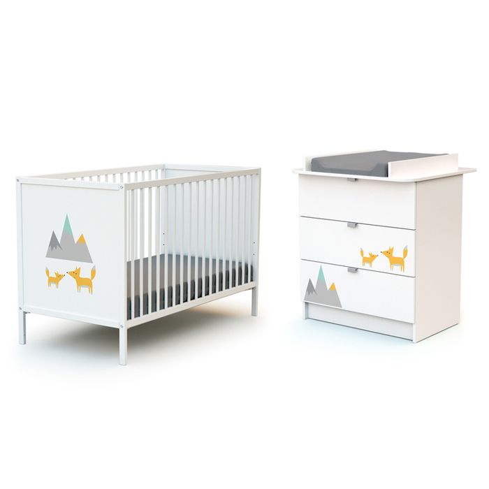 WEBABY - Duo Lit Bébé et Commode Renard Blanc