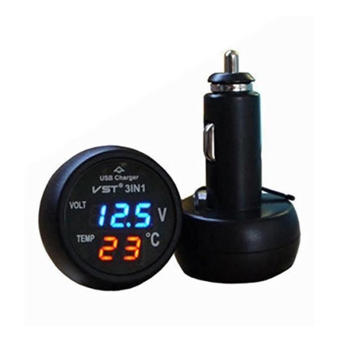 BH24582-3 dans-1 Voltmetre numerique Thermometre 12 - 24V Allume-cigare USB Chargeur de voiture (Affichage bleu et rouge)