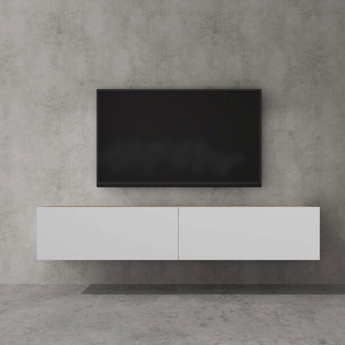 doporro Meuble TV Bas 160 cm Armoire TV Marron Clair + Blanc Mat Table de Télévision Salon avec 2 Portes Meuble TV Suspendu MBTV02