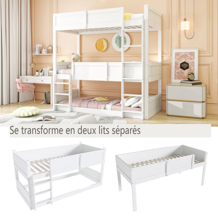 Lit modulable triple - LANGTU - 3x 90x200 cm - Bois massif - Sommier à lattes - Barrière haute