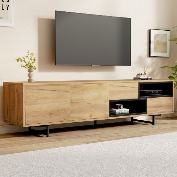 Armoire Basse TV 2 Portes 2 Tiroirs Meuble TV Style Industriel Aspect Bois Pour TV 70 pouces 173x38x48cm