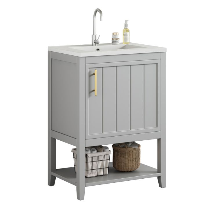 Petit Meuble salle de bain avec vasque -Meuble lavabo main wc et bassin intégré avec étagère -L61 x P47 x H87 cm gris