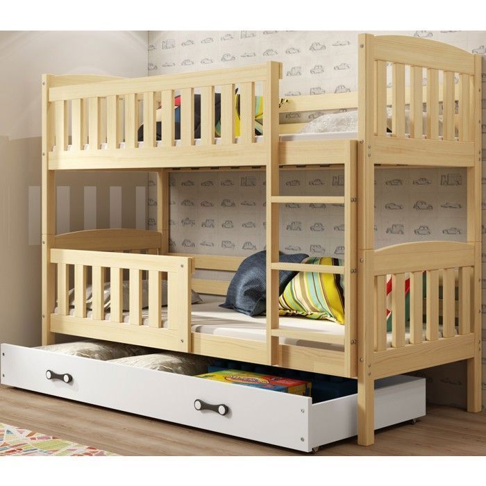 Lit superposé QUBA 90x200Bois Massif Pin Barrière de sécurité Sommier Tiroir Enfant Séparable en 2 lit (Pin+Blanc) Interbeds