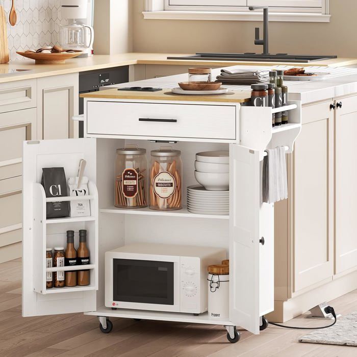 HOOBRO Desserte d’Îlot Cuisine Buffet à roulettes avec 2 Portes et 3 Prises électriques Chariot de Cuisine avec tiroir