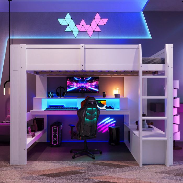 Lit mezzanine 140x200 cm - avec bureau - avec éclairage LED - avec 1 tiroir - avec étagère - blanc (sans matelas) Lit mezzanine 140x200 cm - avec bureau - avec éclairage LED - avec 1 tiroir - avec étagère - blanc (sans matelas)