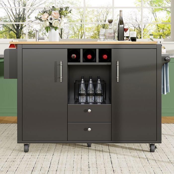 Buffet de Cuisine Multi-rangements 2 Portes 2 Tiroirs Plan de Travail Porte-Serviettes Desserte Chariot à Roulettes Noir