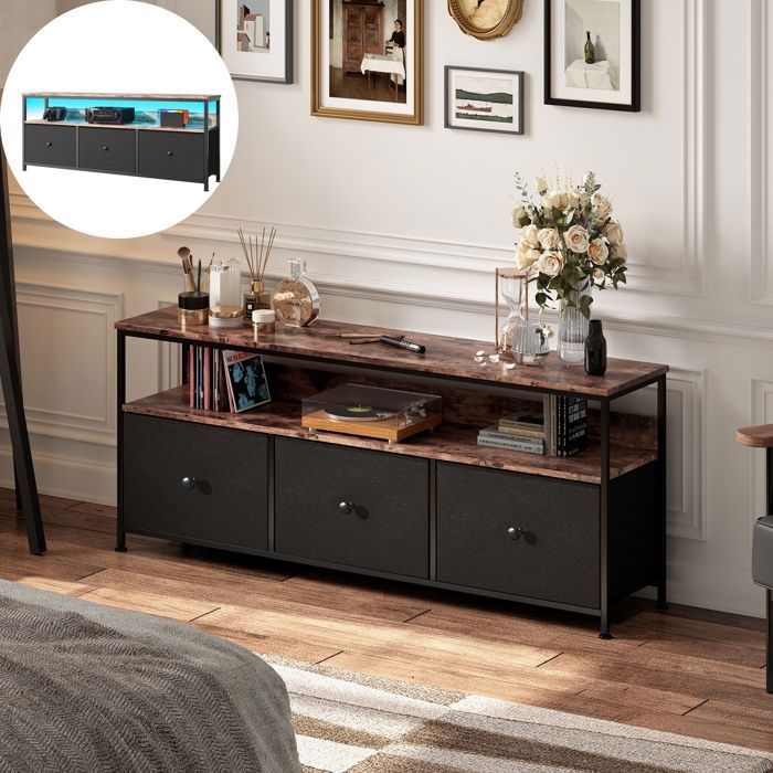 Meuble TV avec LED - Meuble TV avec 3 tiroirs - Meuble TV avec compartiments ouverts - Commode en Tissu - 108 x 30 x 57 cm - Noir