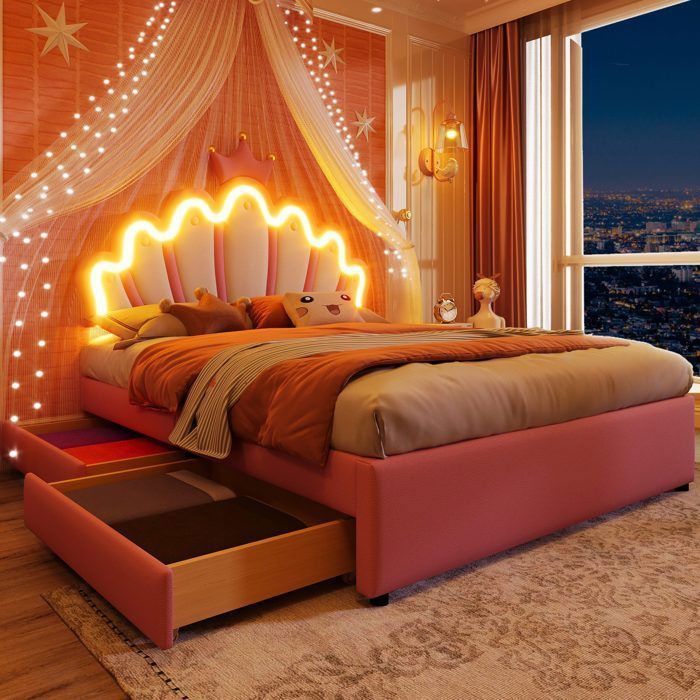 Lit adolescente fille140x200 lit led avec 2 tiroirs lit 2 place avec tête de lit réglable lit princesse en PU Rose
