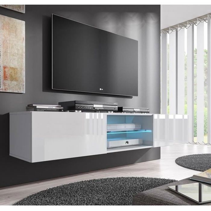 Meuble TV de salon avec LED Blanc brillant 2 Portes 1 vitrine 160 x 30 x 38 5cm Modèle Tibi Blanc#Blanc