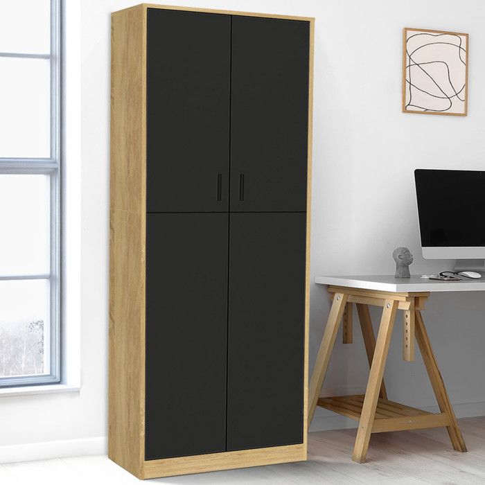 IDMARKET Armoire de bureau 190 cm multifonction MARIA bois et noir 2 portes 4 étagères IDMARKET Armoire de bureau 190 cm multifonction MARIA bois et noir 2 portes 4 étagères