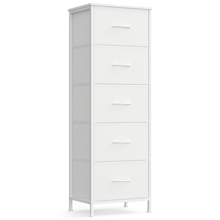 Commode 5 Tiroirs - SONGMICS - Blanc Nuage et Blanc Neige - Acier - Tissu non-tissé - Kit anti-basculement