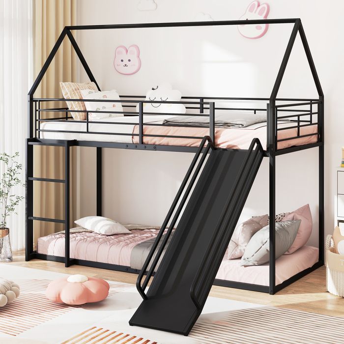 Lit Simple 90x200 cm à Profil Bas COSTWAY Forme de Maison Toboggan Échelle Convertibles Barrière de Sécurité sans Sommier Noir Lit Simple 90x200 cm à Profil Bas COSTWAY Forme de Maison Toboggan Échelle Convertibles Barrière de Sécurité sans Sommier Noir