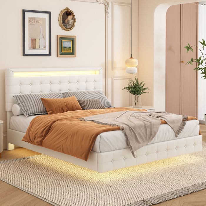 Lit plateforme 140x200cm éclairage dambiance LED sommier à lattes tête de lit réglable en hauteur (3 niveaux) PU blanc(beige)