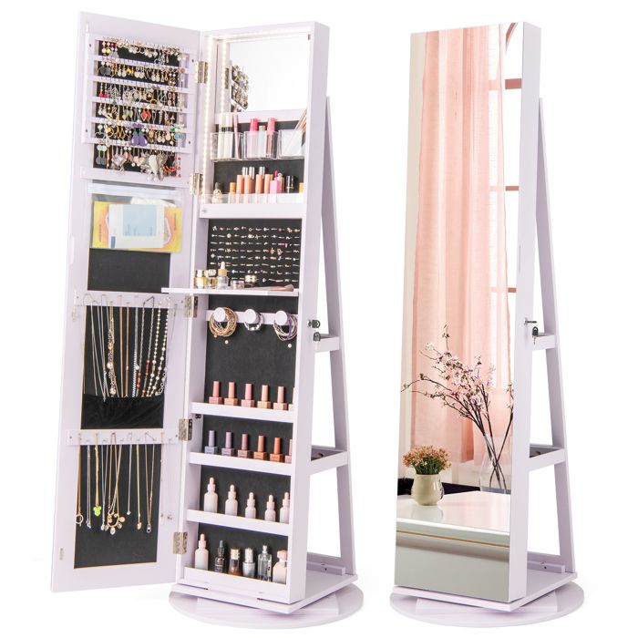 Armoire à Bijoux avec Miroir - RELAX4LIFE - 4 en 1 - Éclairage LED 3 Couleurs - Pivotante à 360°- 3 Étagères de Rangement - Violet