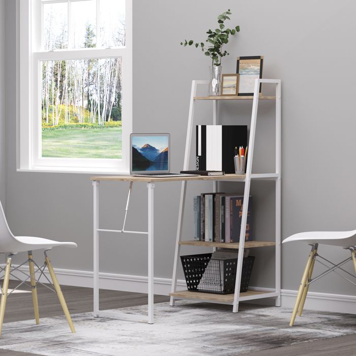 Bureau pliable rabattable - bureau bibliothèque 2 en 1 - 4 étagères - imitation bois chêne clair métal blanc