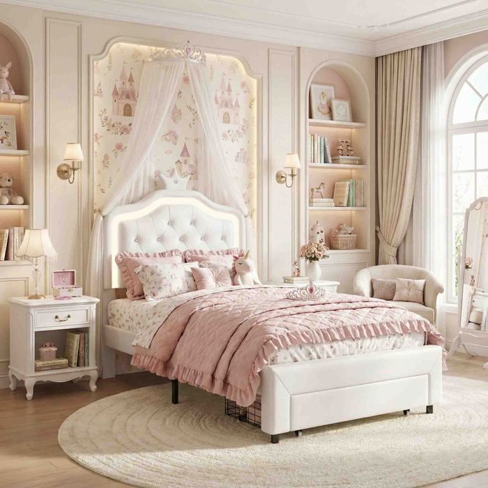 Lit Enfant 90x200cm Lit capitonné avec LED et Strass - 1 Tiroir de Rangement - Similicuir Blanc