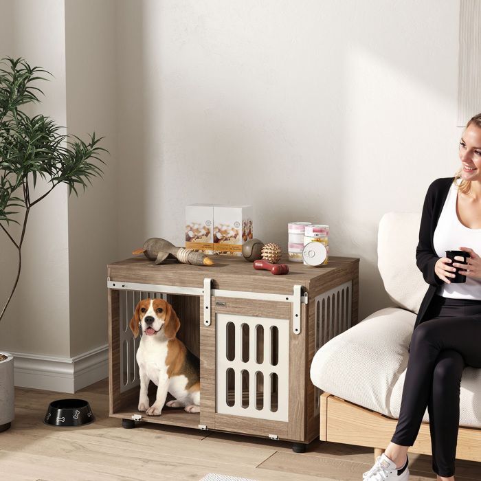 Meuble cage pour chien avec porte coulissante maison pour chien de moyenne table dappoint 80 x 59 x 63 cm noyer