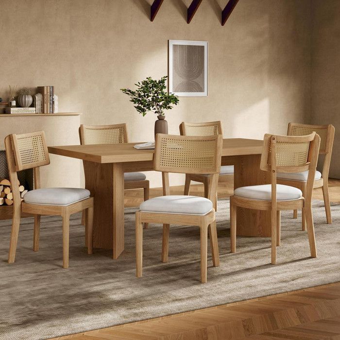 Lot de 6 chaises salle à manger en bois massif avec dossiers en rotinConfortables et respirantes Coussins en velours Couleur bois