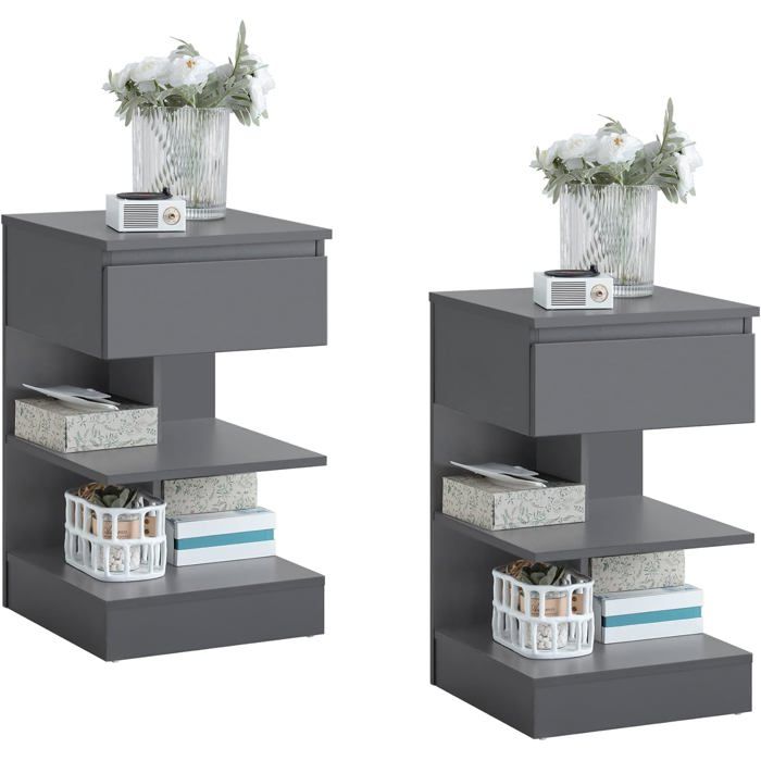 Lot de tables de chevet - SOBUY - 1 tiroir - 2 étagères - 39x39x65 cm - Gris - Charge 35 kg - Design moderne
