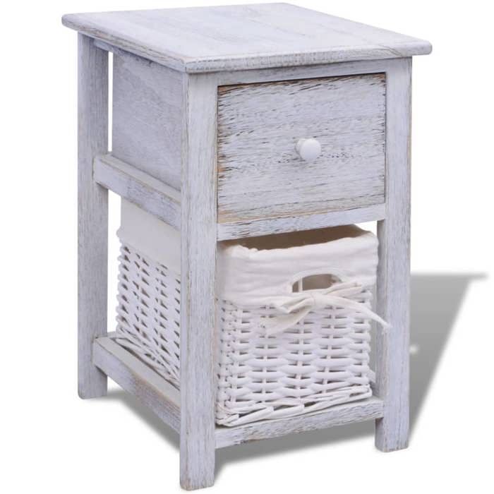 Table de chevet en bois - GKO - Blanc - 28x31x45 cm - Tiroir coulissant - Panier en osier - Doublure lavable - Compacte