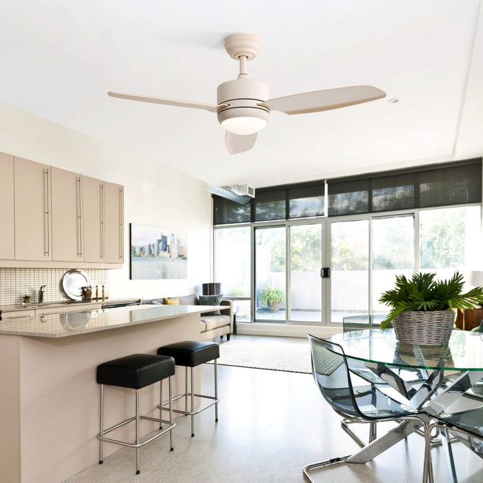 Ventilateur de plafond 117 cm avec lumière silencieux réversible 6 vitesses 3 pales ABS beige - Modenuit