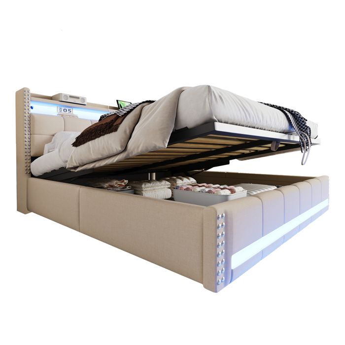 Lit Coffre 180x200 cm - Lit avec Rangement Éclairage LED avec Télécommande et Prise USB - Sans Matelas Beige