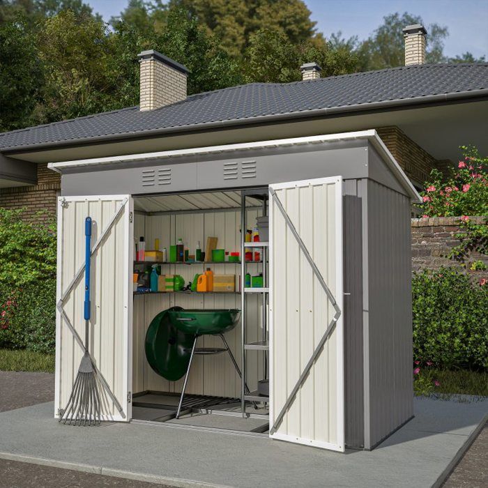 Abri de jardin métal - VVBV - 242x126 cm - Acier galvanisé - Portes coulissantes verrouillables - Cadre de fondation inclus