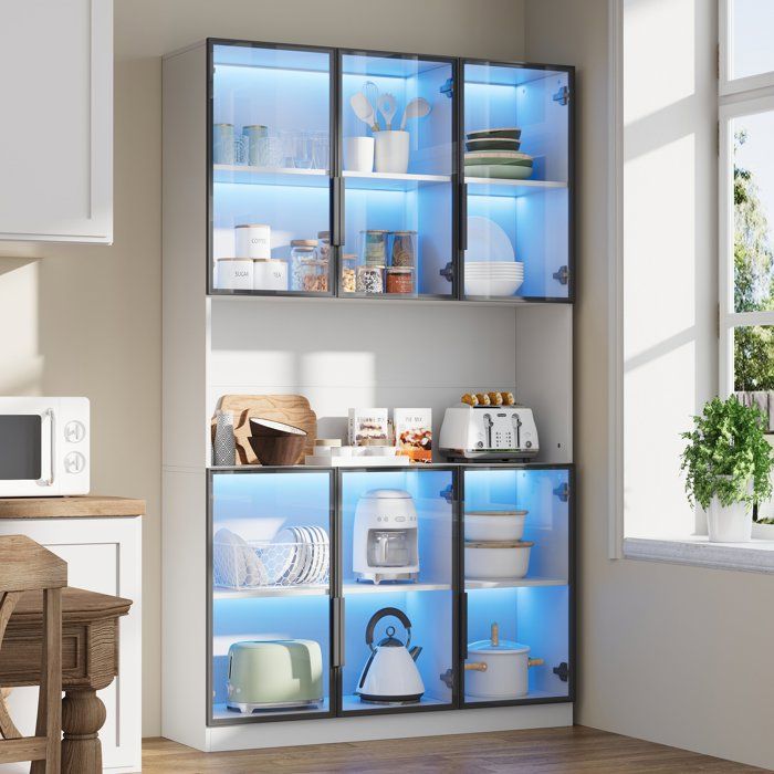 Vitrine Verre LED 120x34x200cm BibliothèqueMeuble de Rangement Buffet Salle a Manger 4 Armoires 6 Portes Vitrées Blanc