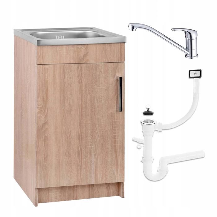 STAMAR Meuble sous Évier 50 cm Chêne Sonoma + Évier Inox + Robinet Flex Pivotant Chrome + Siphon LV - 50x40x82 cm