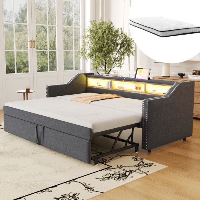 Canapé-lit convertible rembourré en tissu tiroir gigogne rangements avec LED et USB gris foncé