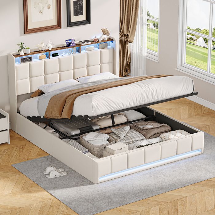 Lit 160x200 avec rangement Lit adulte double avec sommier à lattes LED et USB Lit Rembourré hydraulique Tête de Lit Lin Beige